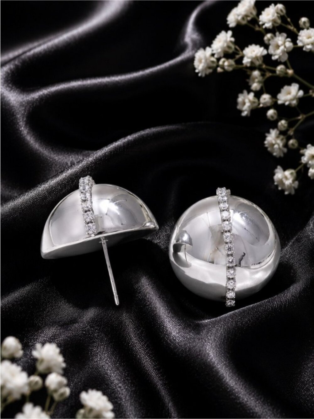 Silver tone Dome Studs with Crystal Stripe